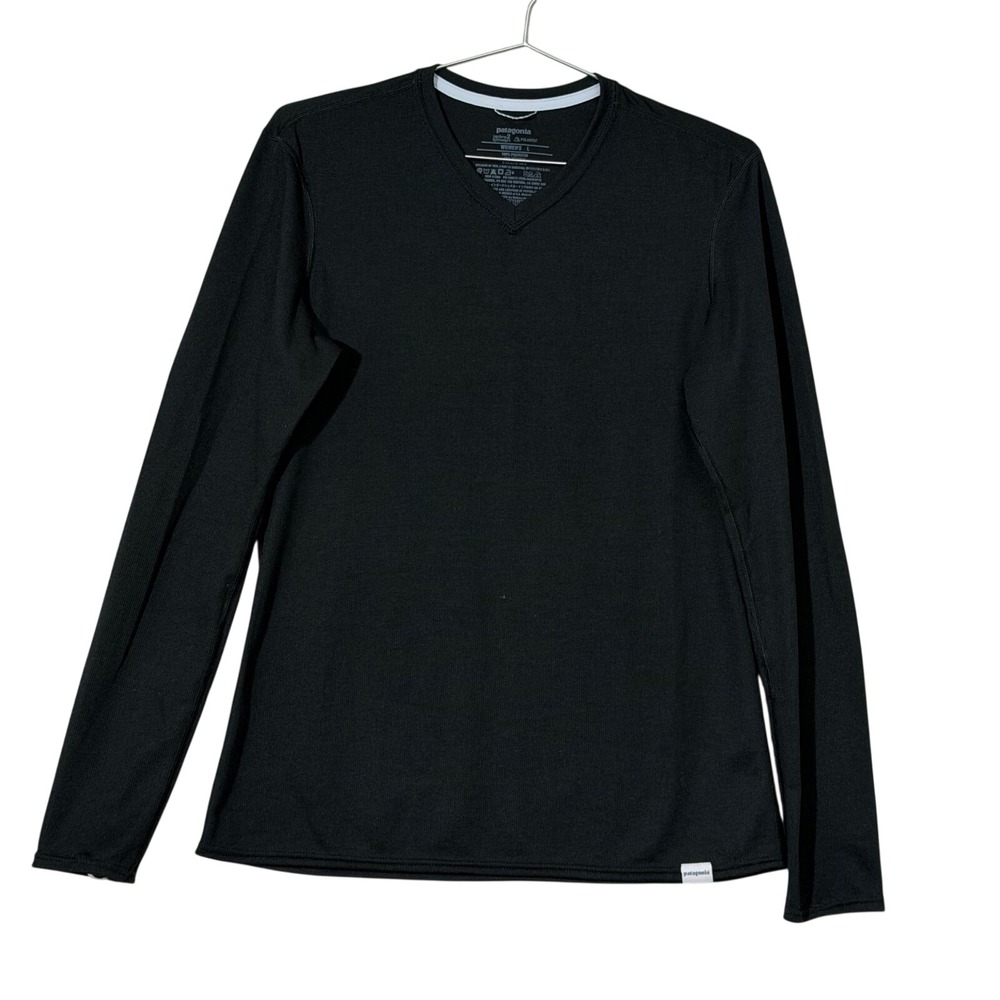 Patagonia Capilene 2 Base Layer Women L Black Long‎ Sleeve V-Neck Polartec top